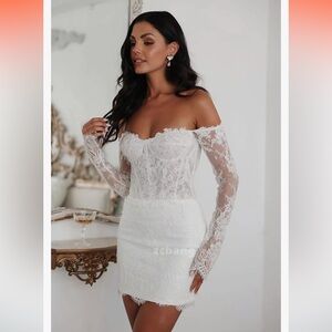 Short Strapless Lace Dress with Detachable Sleeve